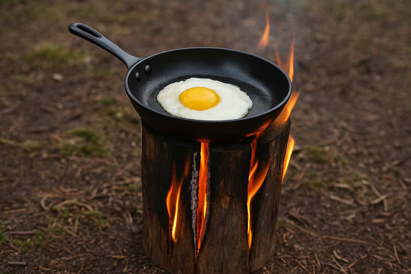 Cast-iron skillet cooking an egg on a Swedish torch in a forest survival camp setup, demonstrating improvised bushcraft cooking over a log fire.