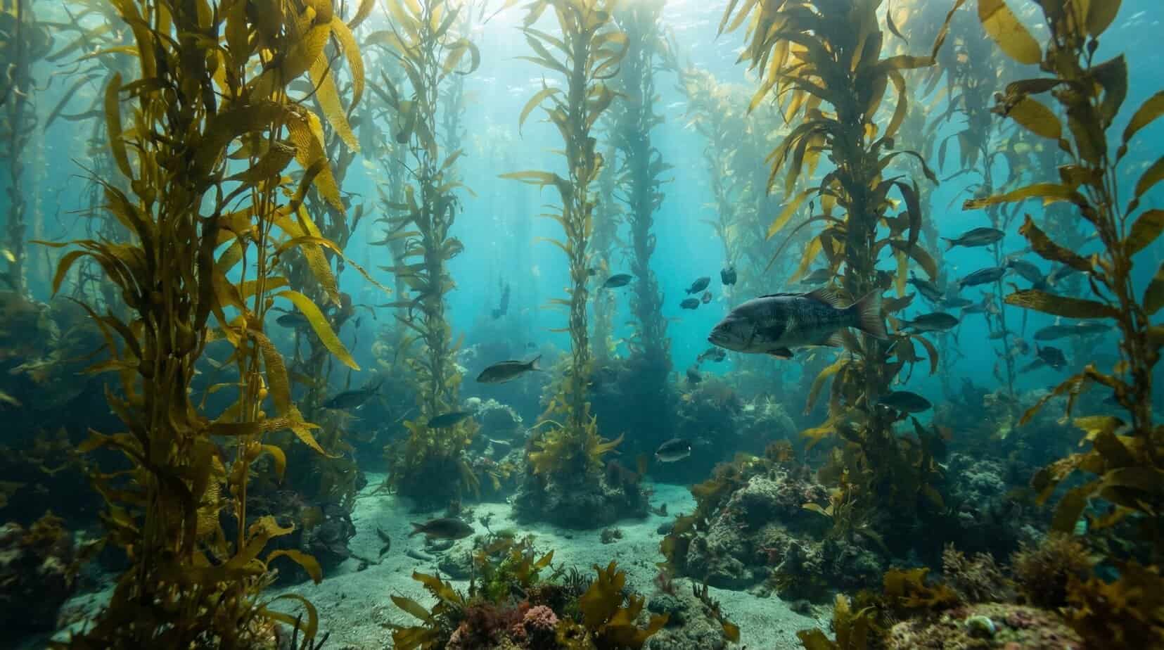 Underwater kelp forest showing edible seaweeds growing naturally in a coastal marine environment