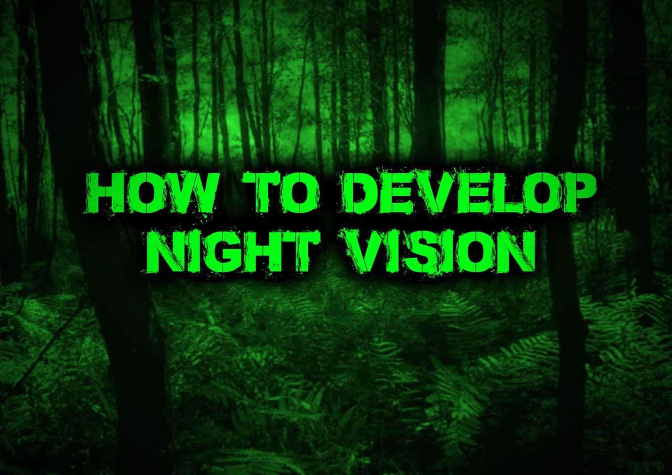 Green night vision forest background showing how to develop night vision for survival
