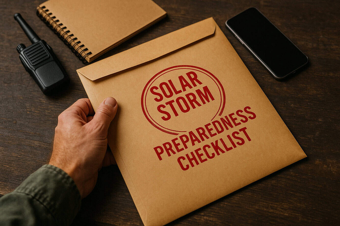 Large envelope stamped Solar Storm Preparedness Checklist on a wooden table with survival gear