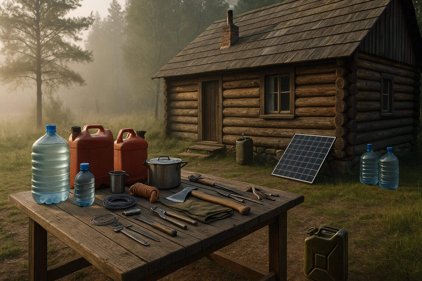 Essential bug out location checklist items and survival gear setup at an off-grid cabin.