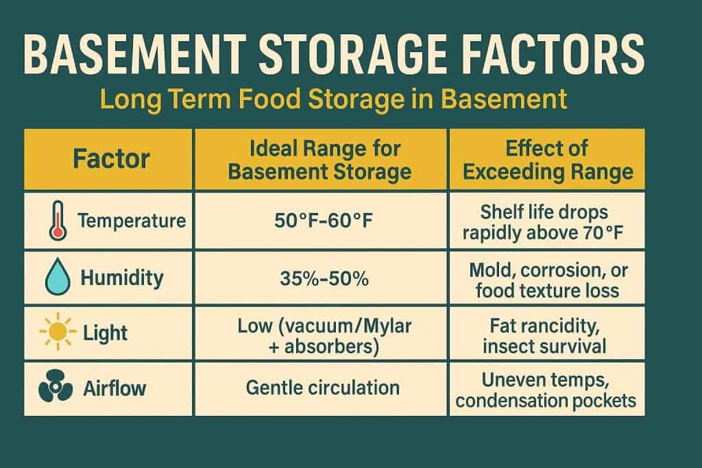 Ideal basement conditions for long term food storage: temperature, humidity, and airflow guide Table showing key factors for long term food storage in basement including temperature, humidity, light, oxygen, and airflow ranges with risks if exceeded.