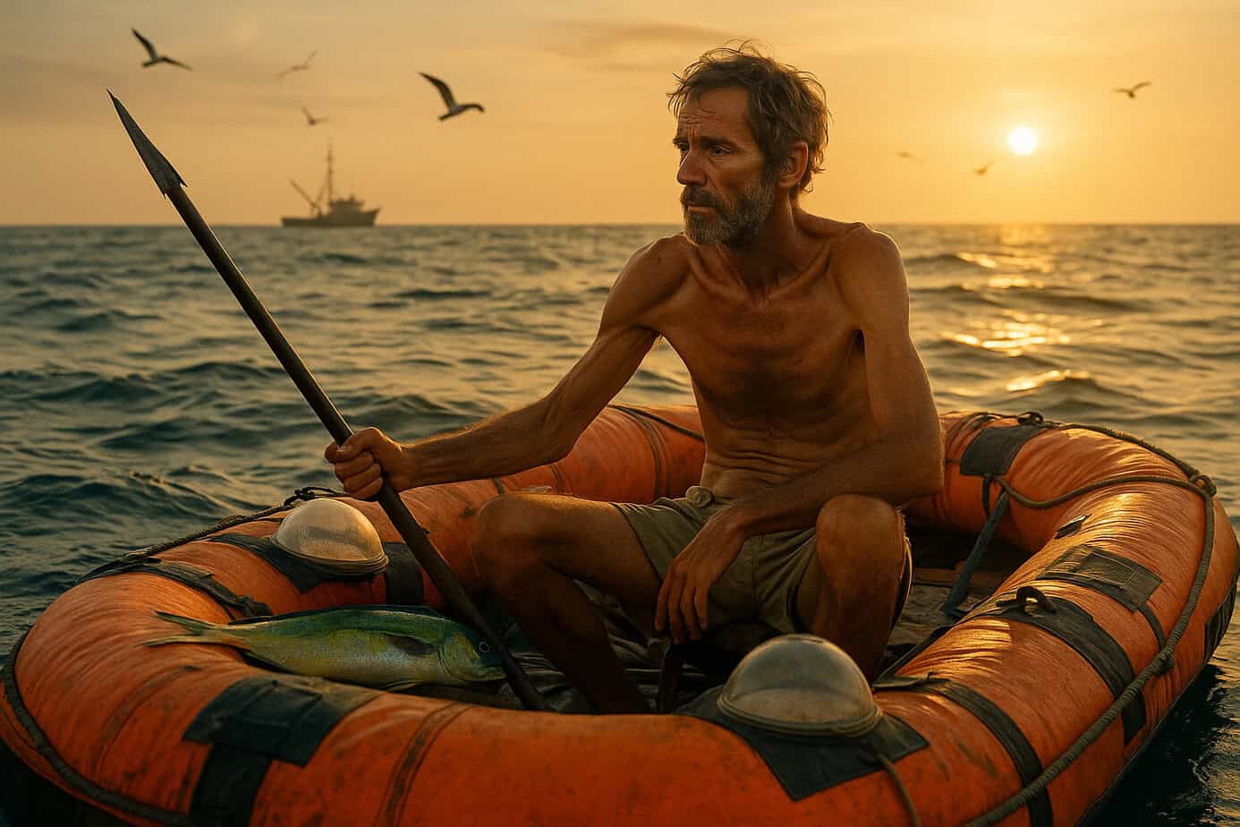 Steven Callahan sitting in a small orange life raft at sunset after 76 days adrift in the Atlantic Ocean, holding a spear beside a caught fish.