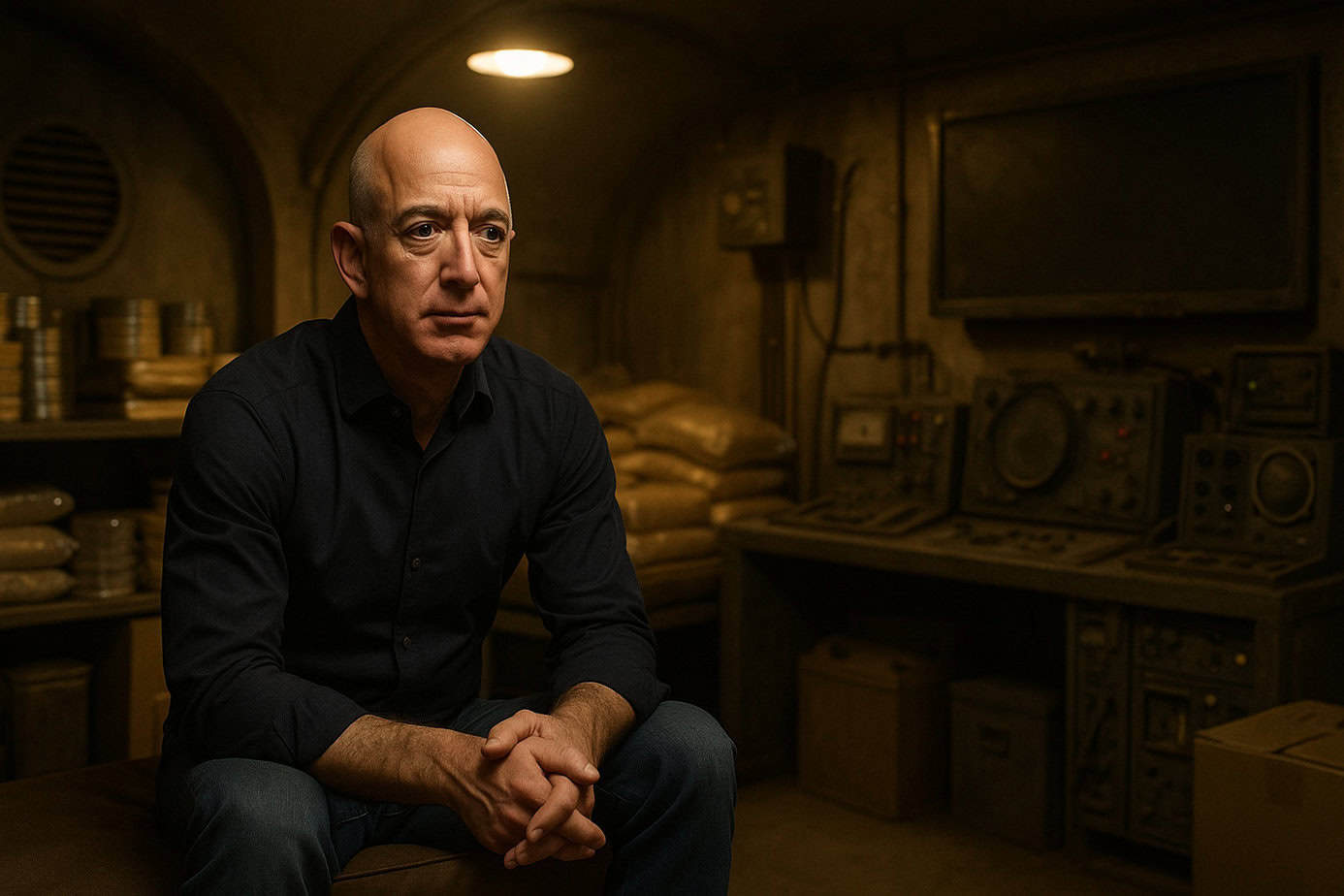A billionaire sitting alone in a dimly lit underground bunker surrounded by supplies and equipment, symbolizing why billionaires can’t survive the apocalypse