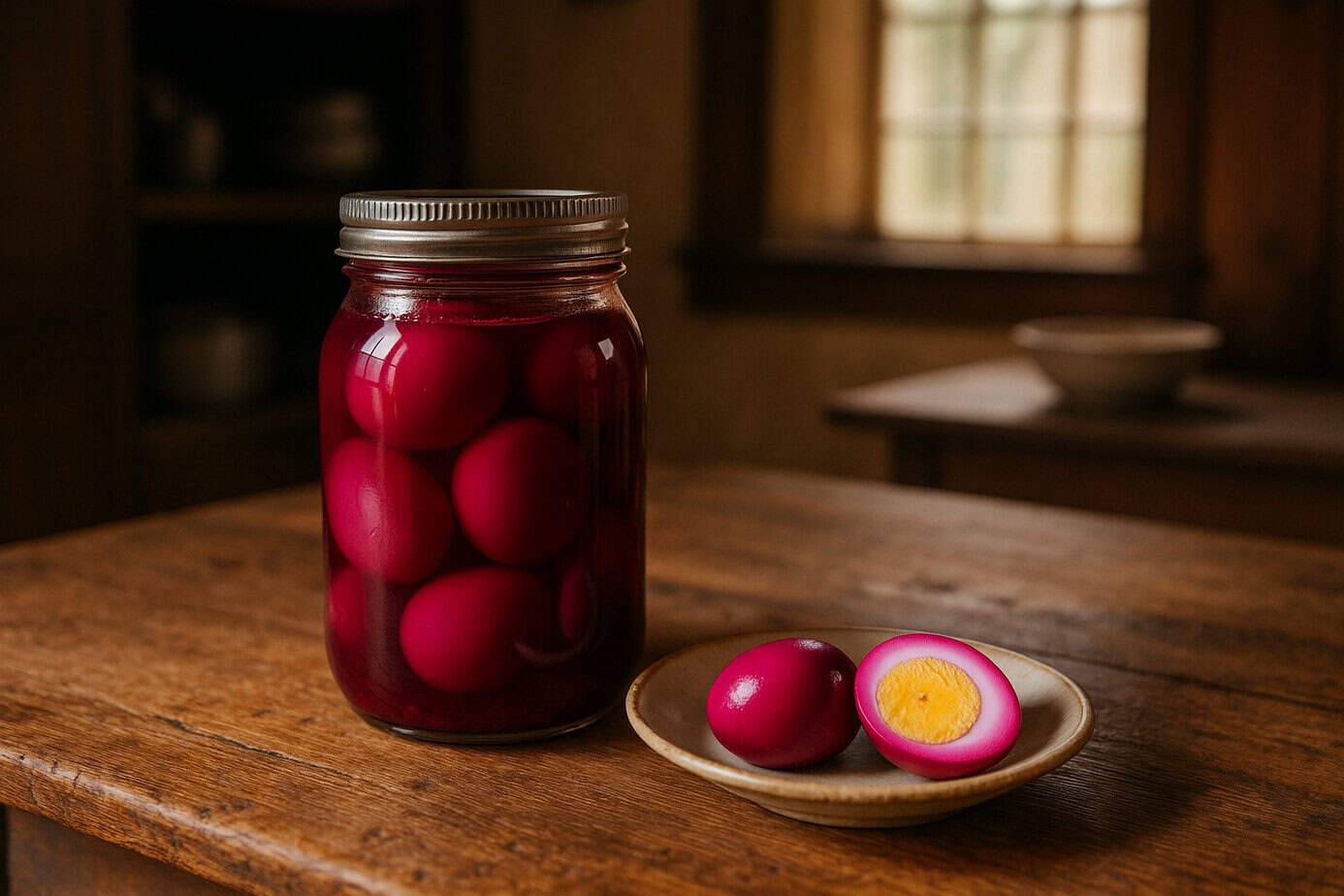 Jar of bright magenta pickled eggs and a halved egg on a rustic wooden table, traditional Amish preservation method without refrigeration.