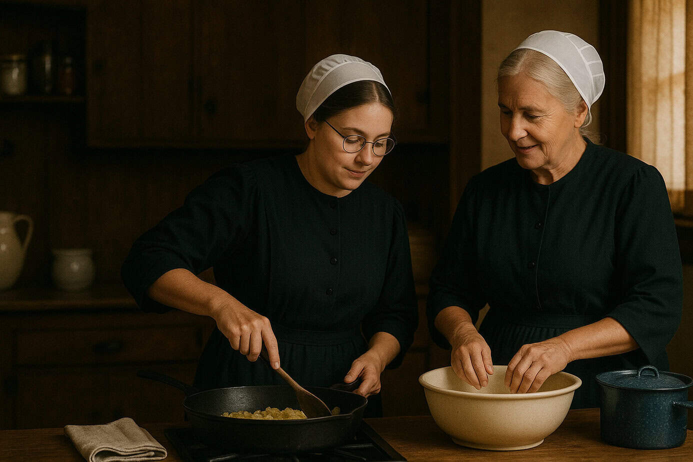 Two Amish women cooking in a rustic wooden kitchen, preparing food from scratch, a visual representation of traditional off-grid survival food methods.