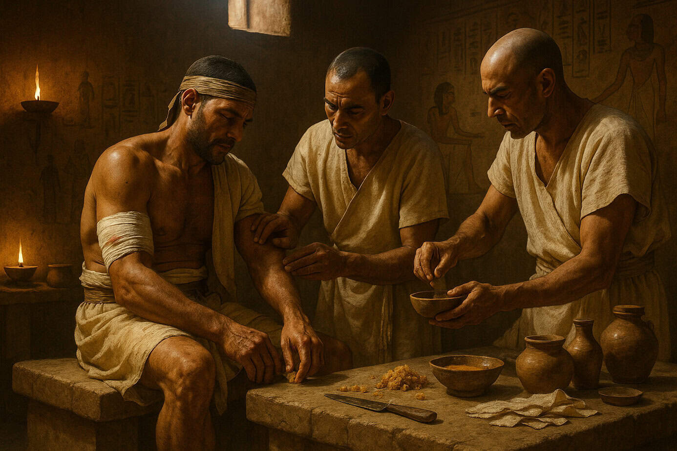 Ancient Egyptian healers treating a wounded soldier with frankincense for wound healing inside a desert medical chamber.
