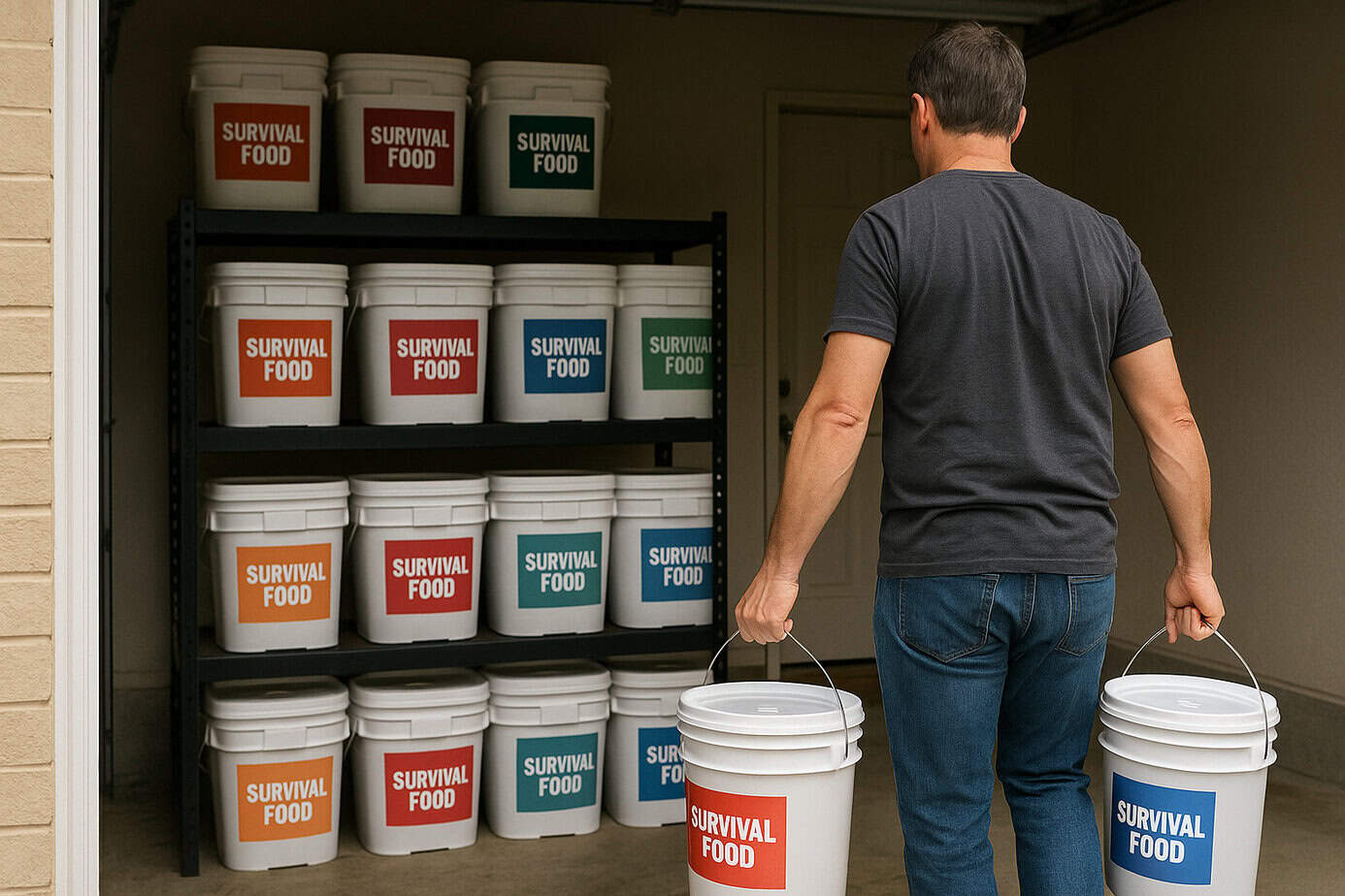 Prepper carrying two survival food buckets into a garage full of long-term food storage containers.