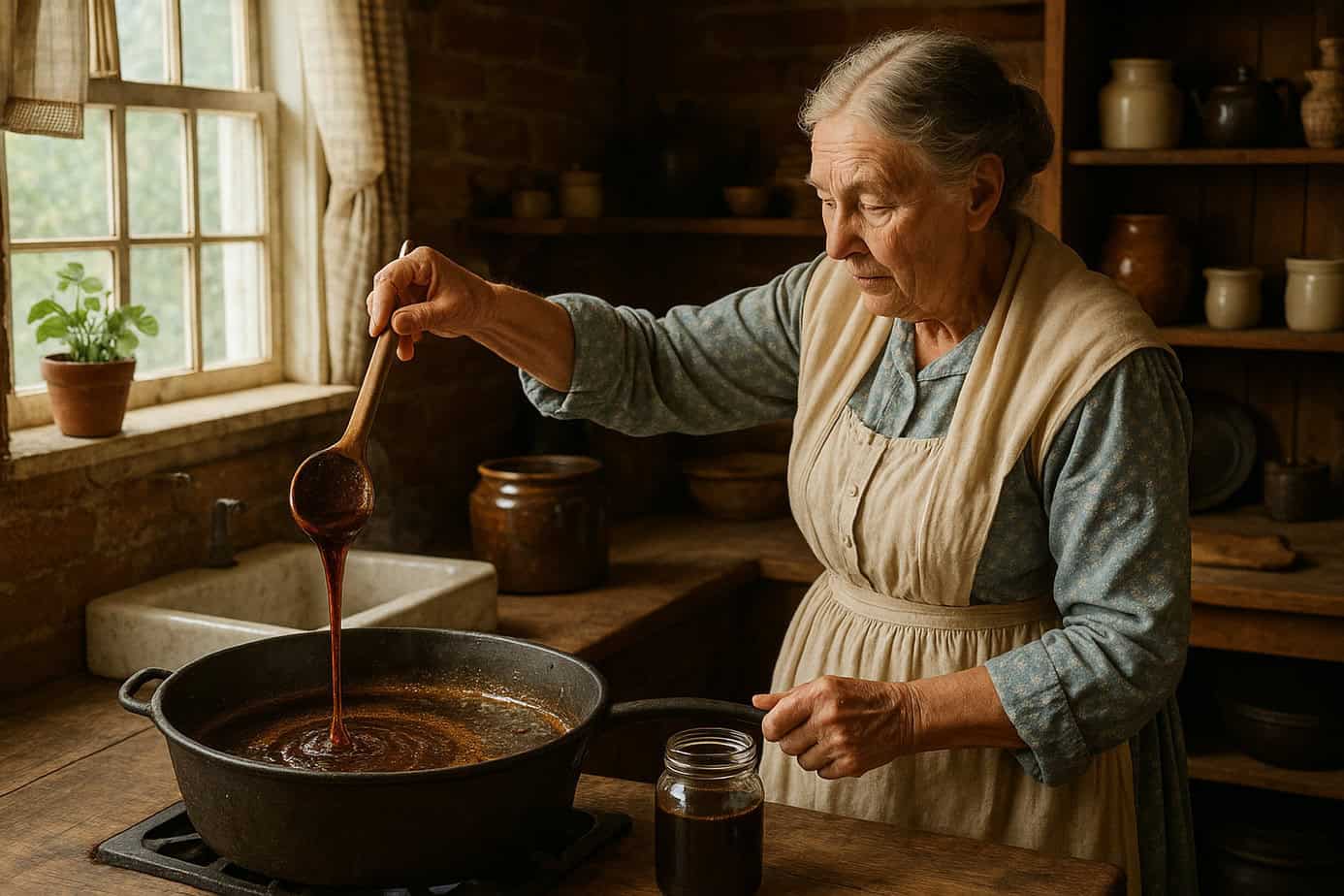 Elderly woman in a traditional rural American kitchen making homemade molasses in a cast-iron pot.