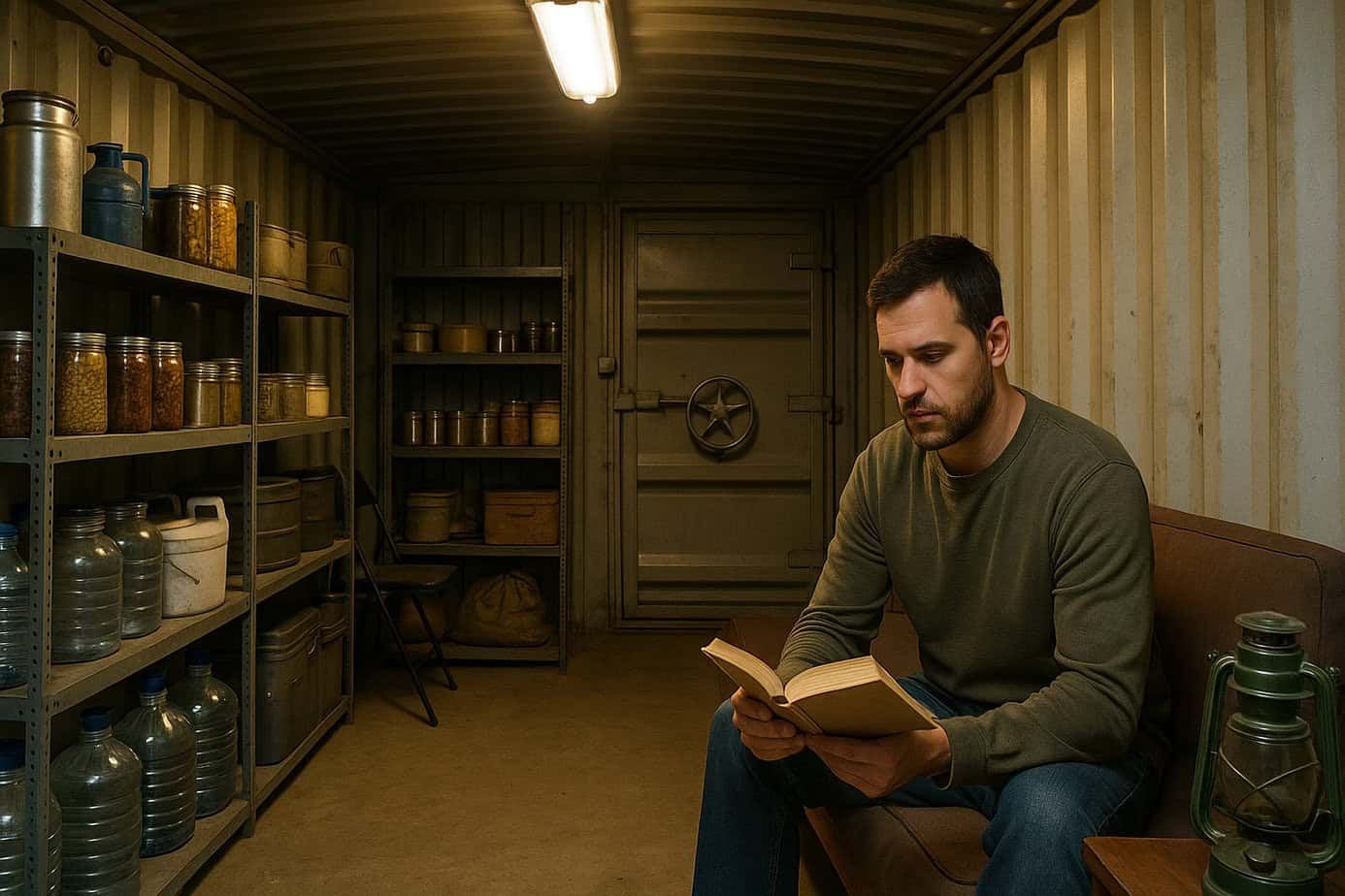 Man living inside a buried container bunker, reading a book in an underground survival shelter.