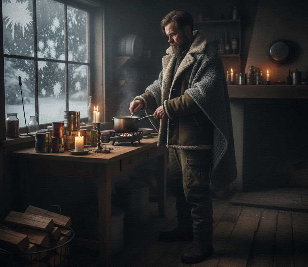 Man cooking high calorie emergency meals by candlelight during a winter power outage while wrapped in a blanket