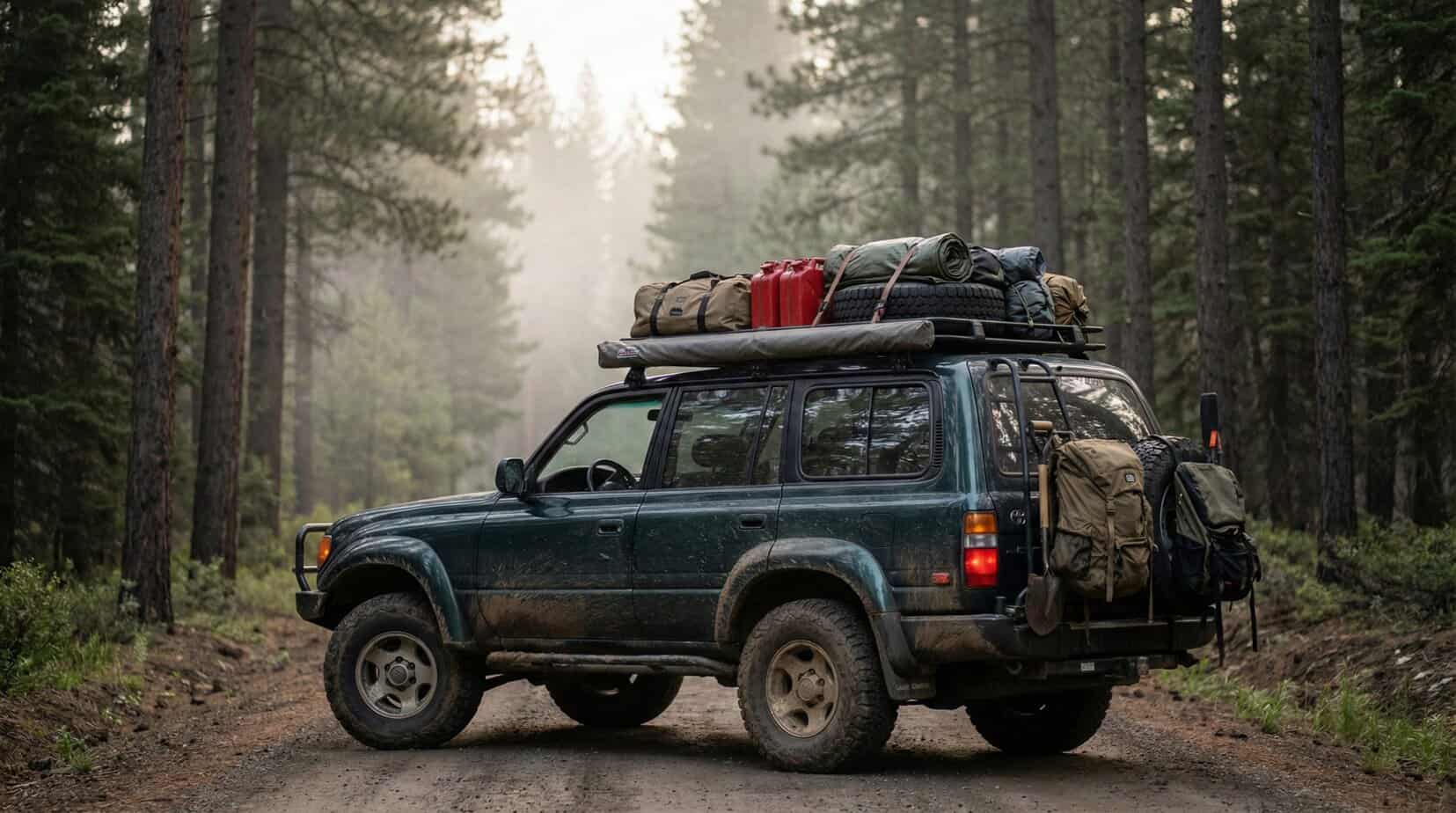Packed SUV traveling a remote forest road during long distance bug out planning, loaded with fuel cans, backpacks, and survival gear.