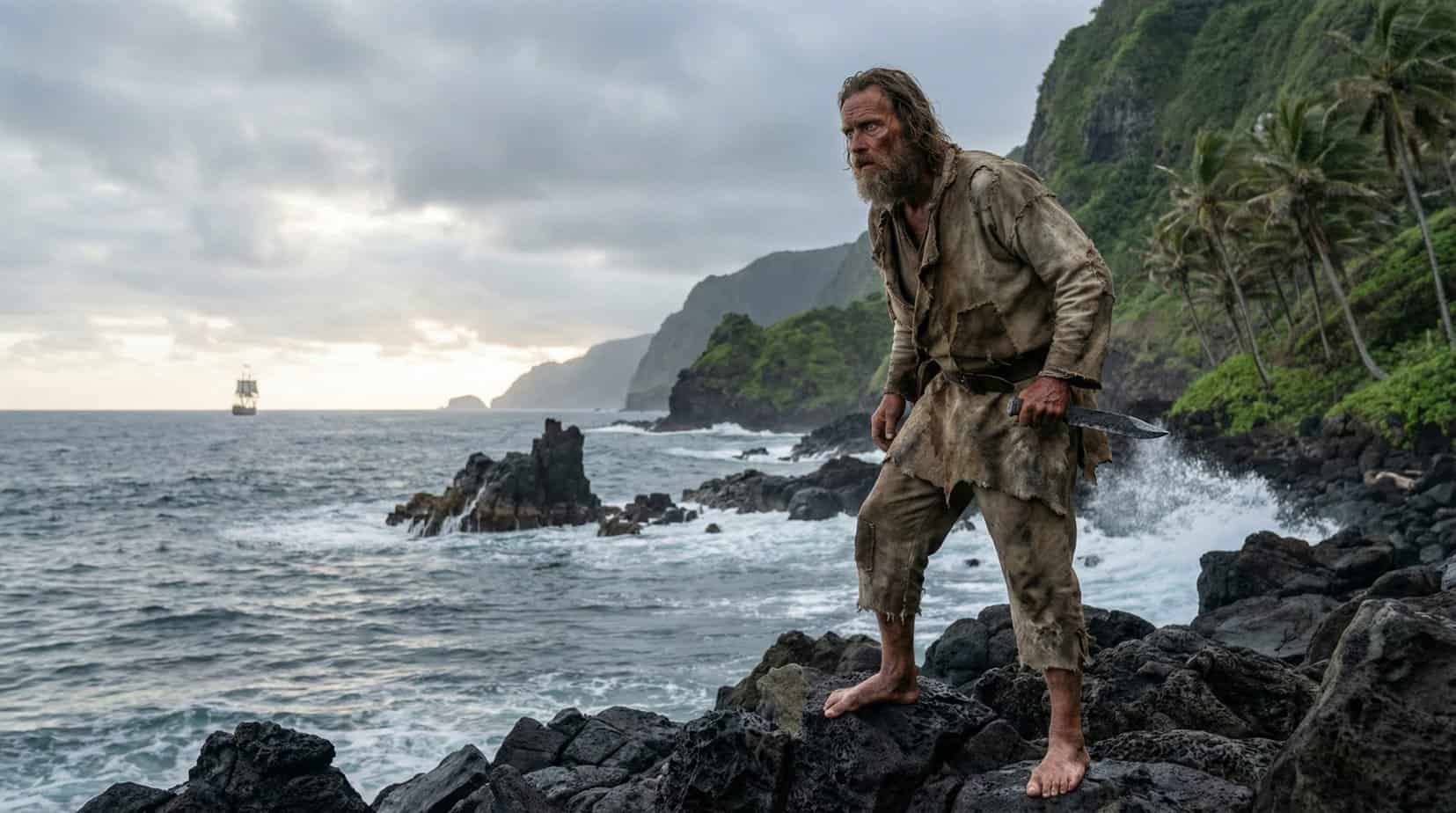 Alexander Selkirk standing barefoot on a rocky island shore during his survival ordeal, watching a distant ship at sea