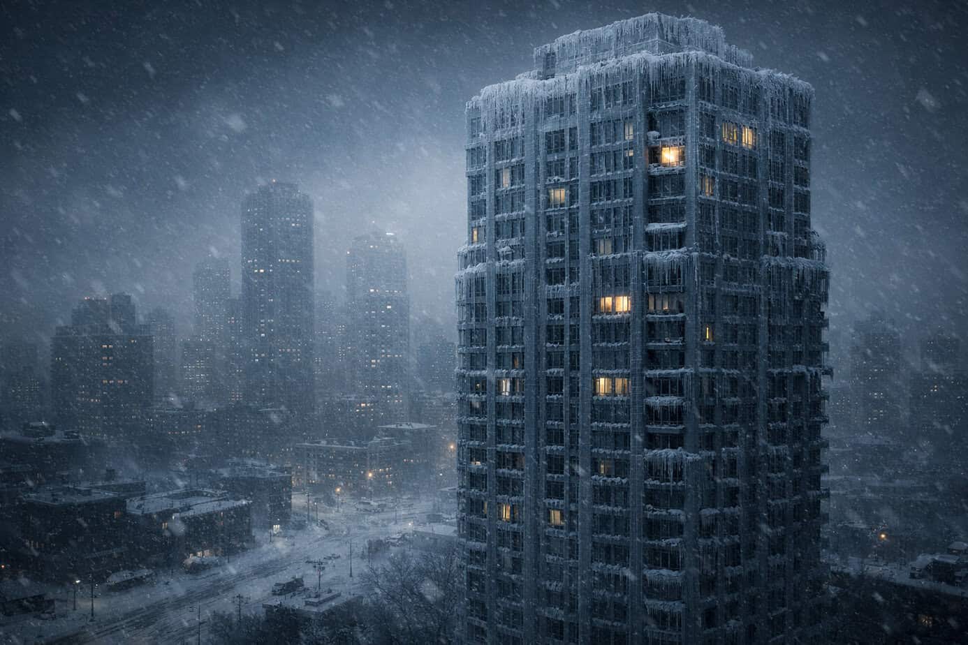 Frozen skyscraper during a winter blackout with only a few dimly lit apartments in a dark city