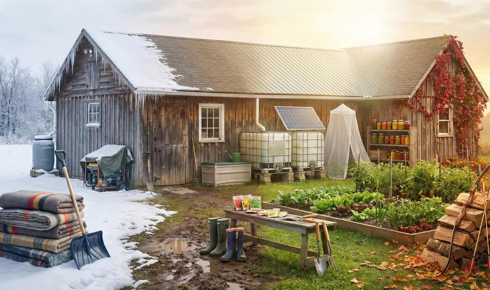 Year round prepping plan showing seasonal preparedness with food storage, water tanks, solar power, gardening, and winter supplies at a rural homestead