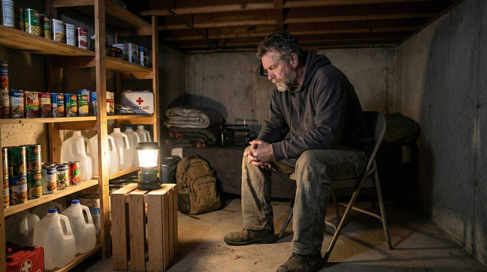 Middle-aged man sitting alone in an improvised basement shelter, showing emotional strain during a long shelter-in event