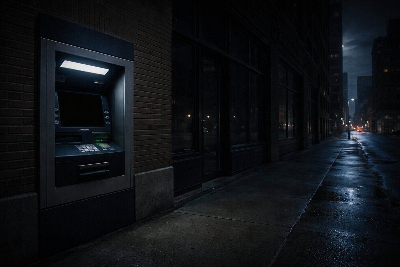 ATM embedded in brick bank wall powered off during a citywide blackout, illustrating bank outages during blackouts.