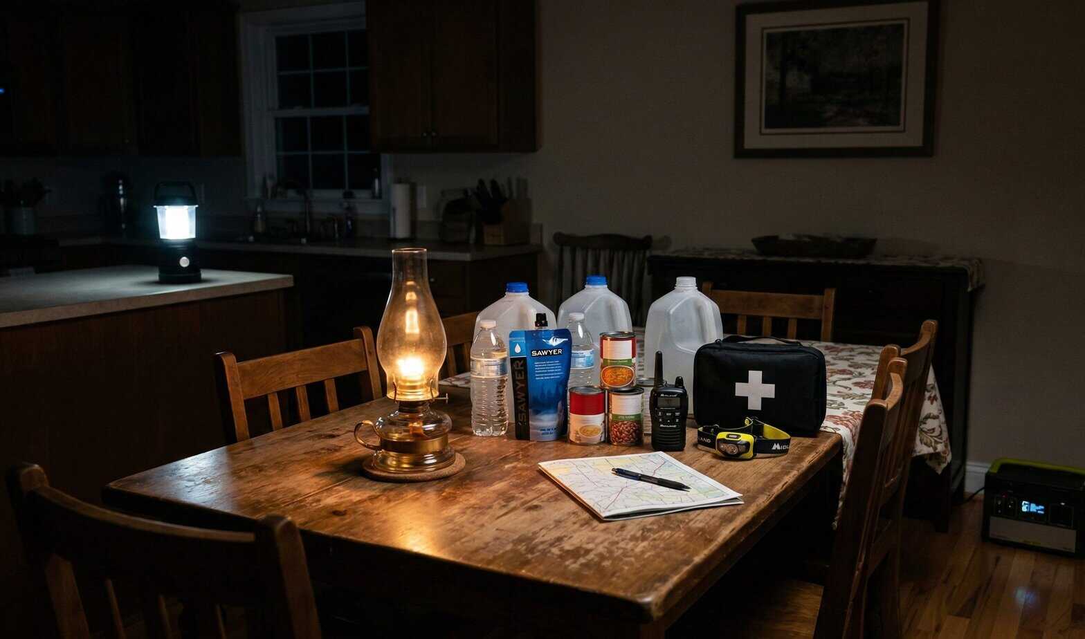 Survival plan redundancy setup with backup water, food, radio, first aid kit and lantern during power outage