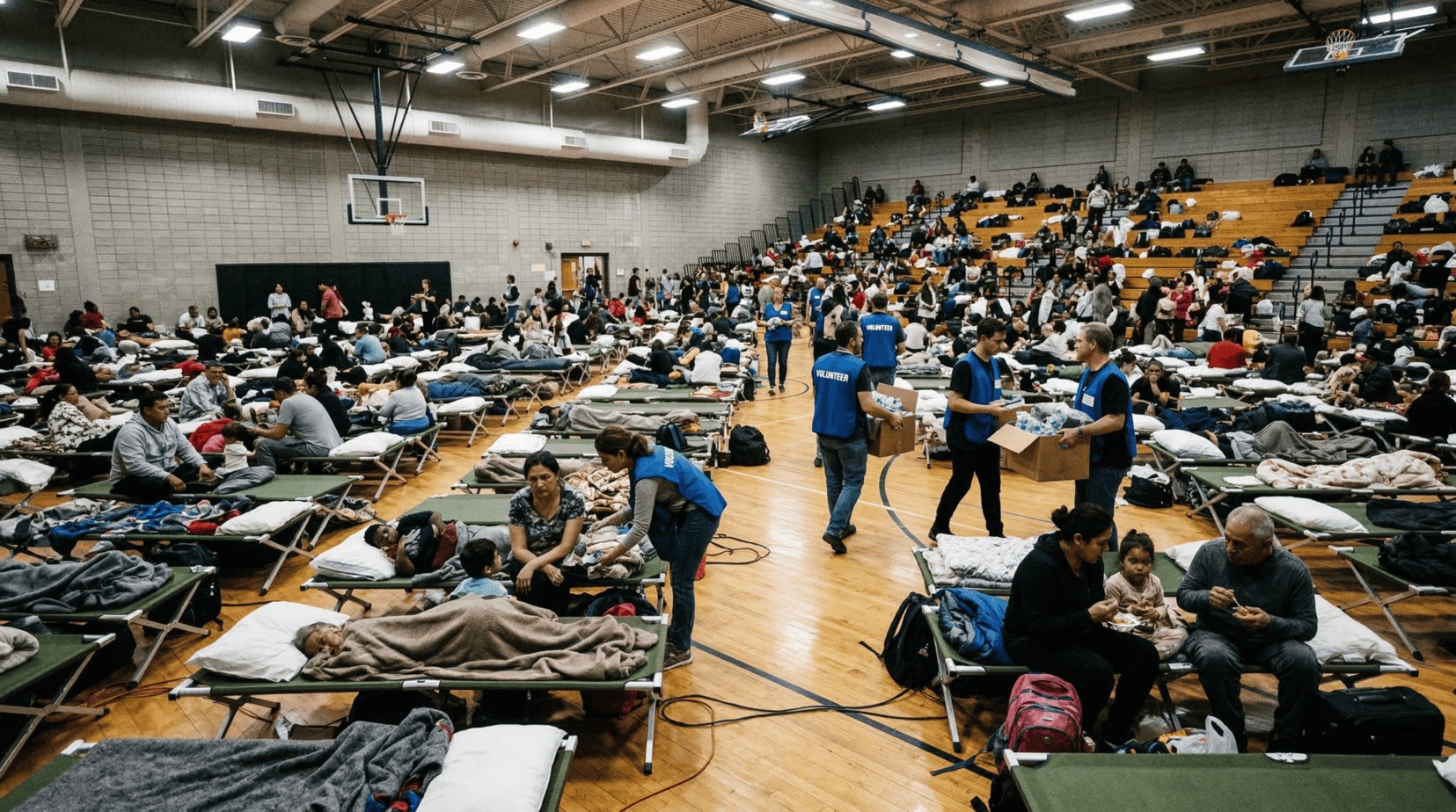 Emergency evacuation shelter inside a crowded gymnasium with rows of cots and disaster evacuees illustrating emergency shelter risks