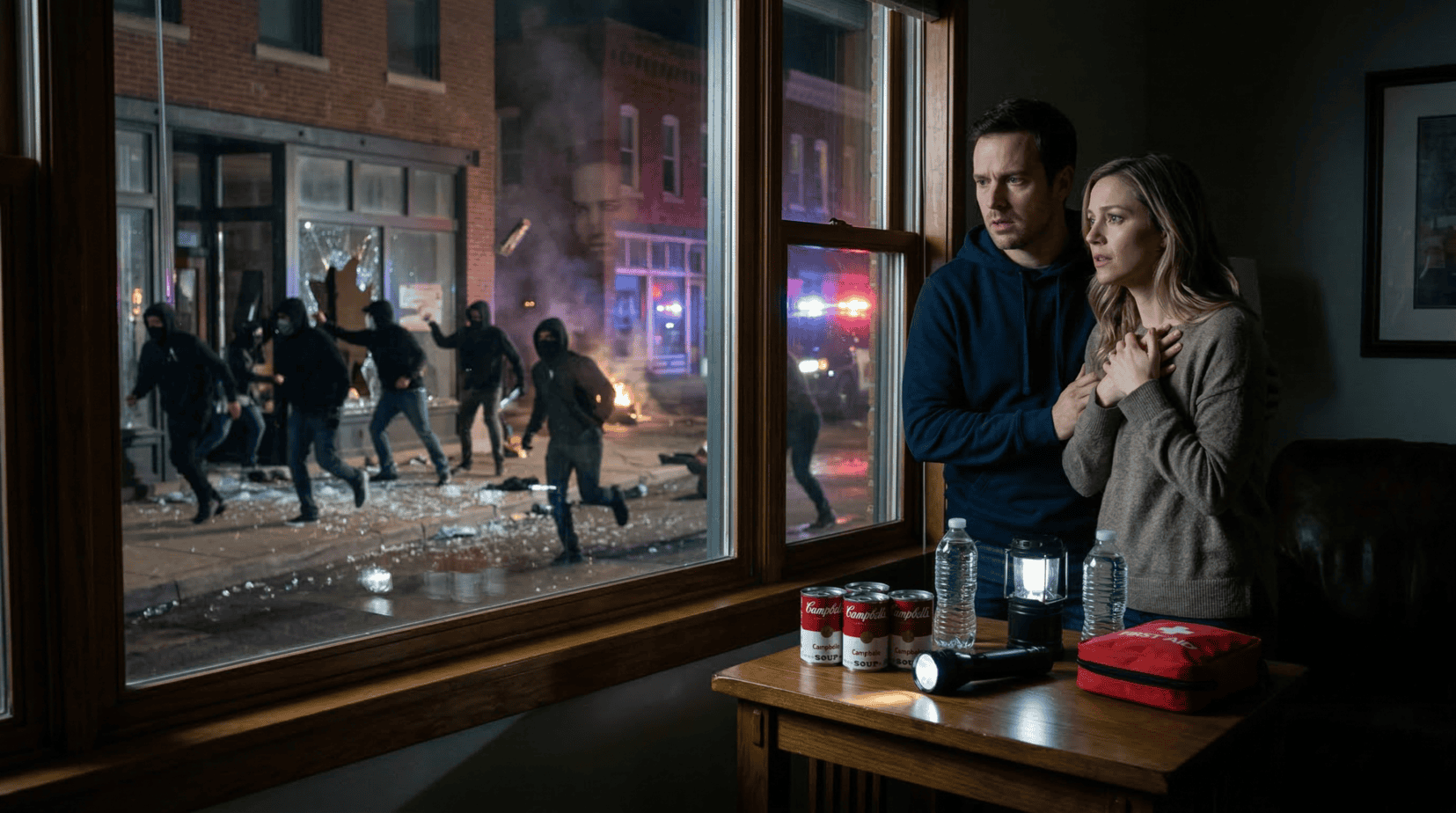 Couple watching looters during civil unrest while emergency supplies sit on a table inside their home preparing for curfews.