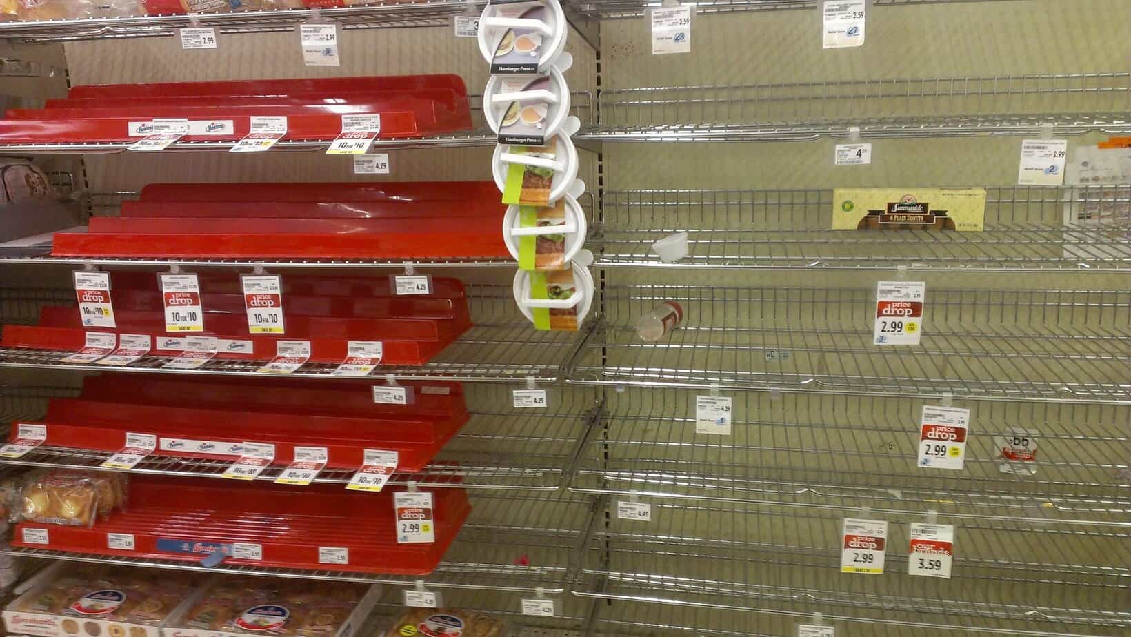 Grocery store empty shelves during a grocery stores supply chain disruption in the United States