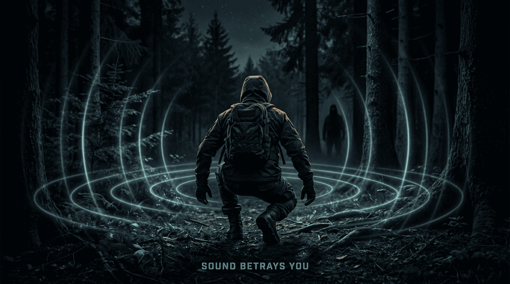 Hooded figure crouching in a dark forest with blue sound waves radiating outward revealing their position to a shadowy silhouette in the distance