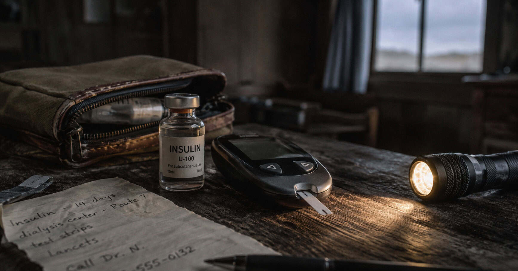 Insulin vial and blood glucose monitor beside an emergency medical pouch and handwritten supply list in an off-grid shelter.