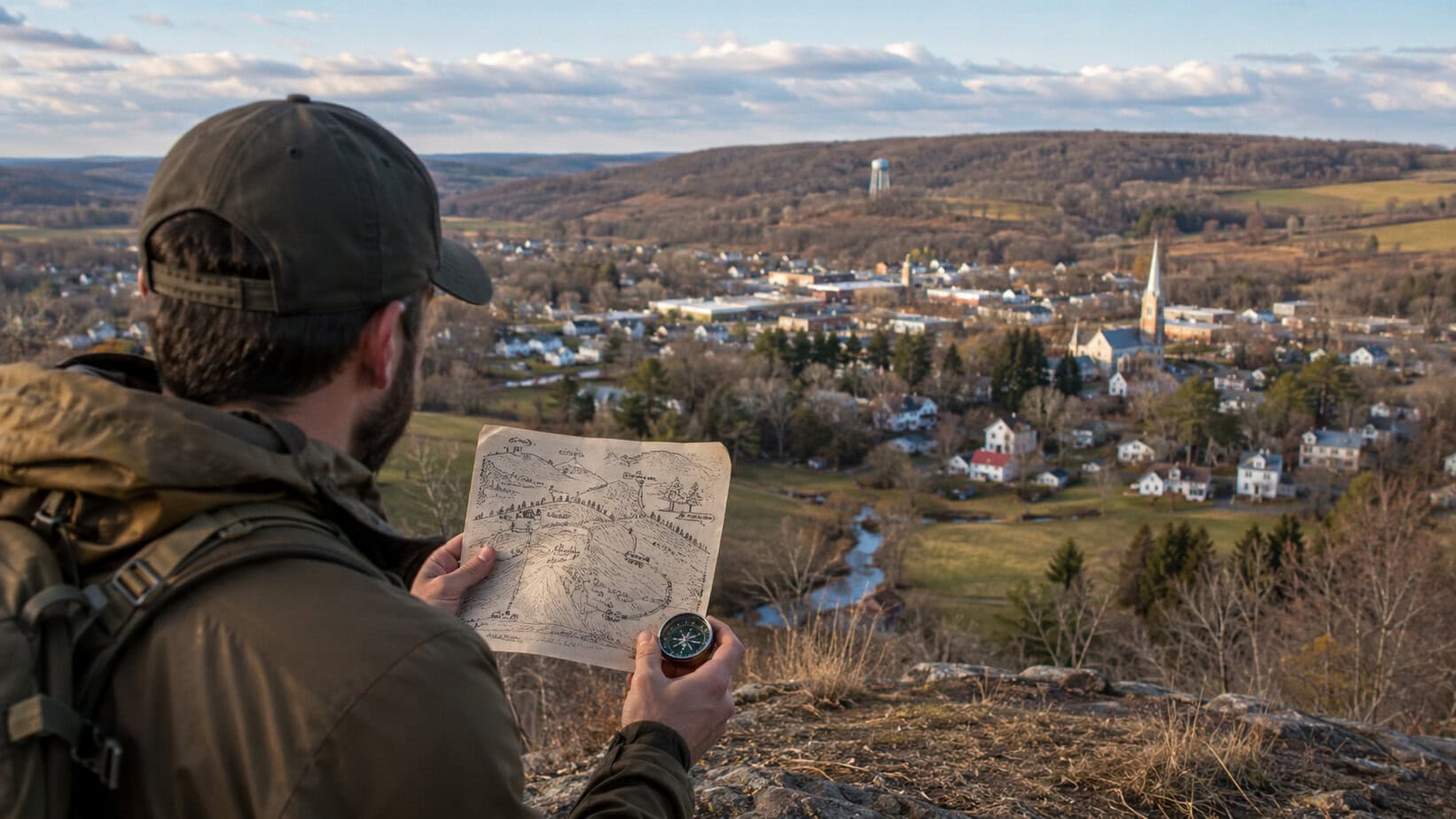 Man using a hand-drawn local map and compass while overlooking his town to plan a route home without GPS.