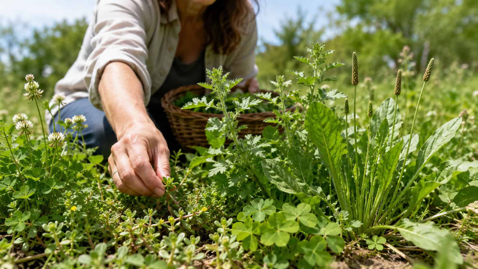 Person foraging common wild edible plants in a sunny summer meadow