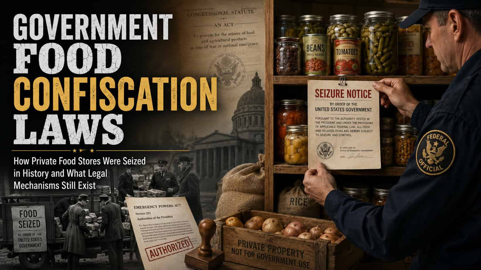 Government official posting a seizure notice on a private food stockpile with canned goods and legal documents in the background