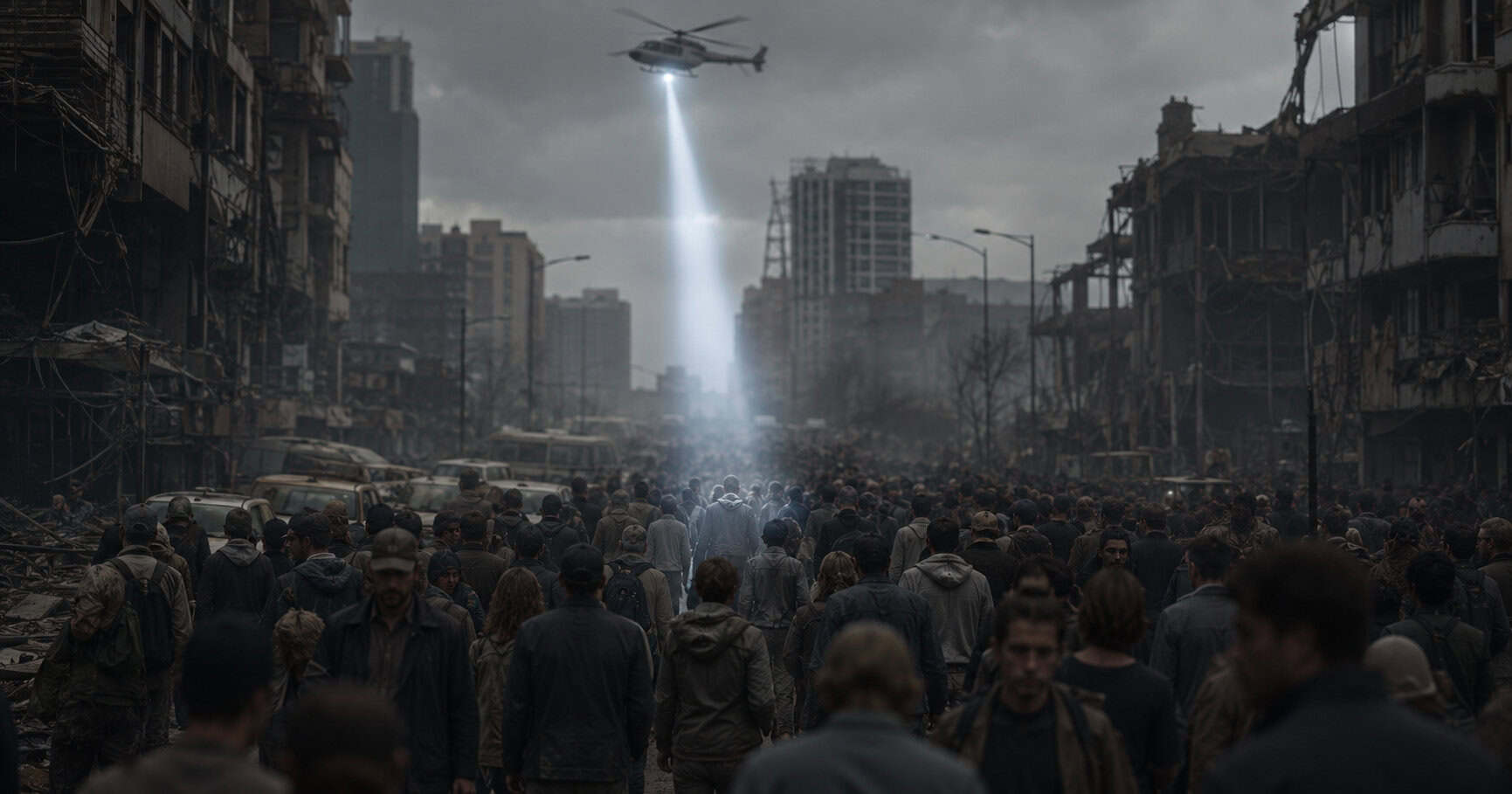 Lone civilian using the grey man strategy while moving through a crowded post-disaster urban street under a helicopter searchlight