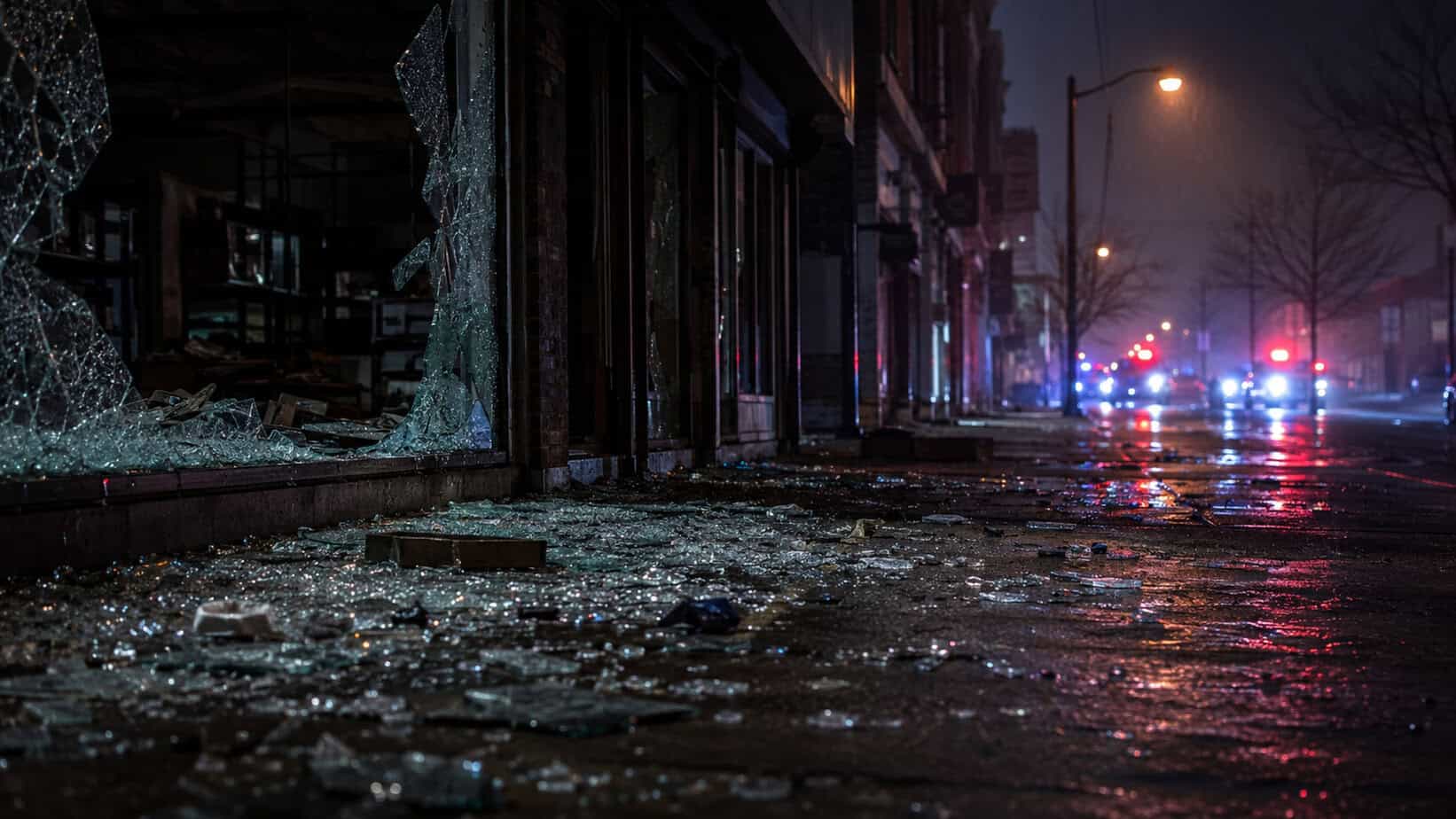 Aftermath of urban looting at night with shattered storefront glass on wet pavement and distant emergency lights.