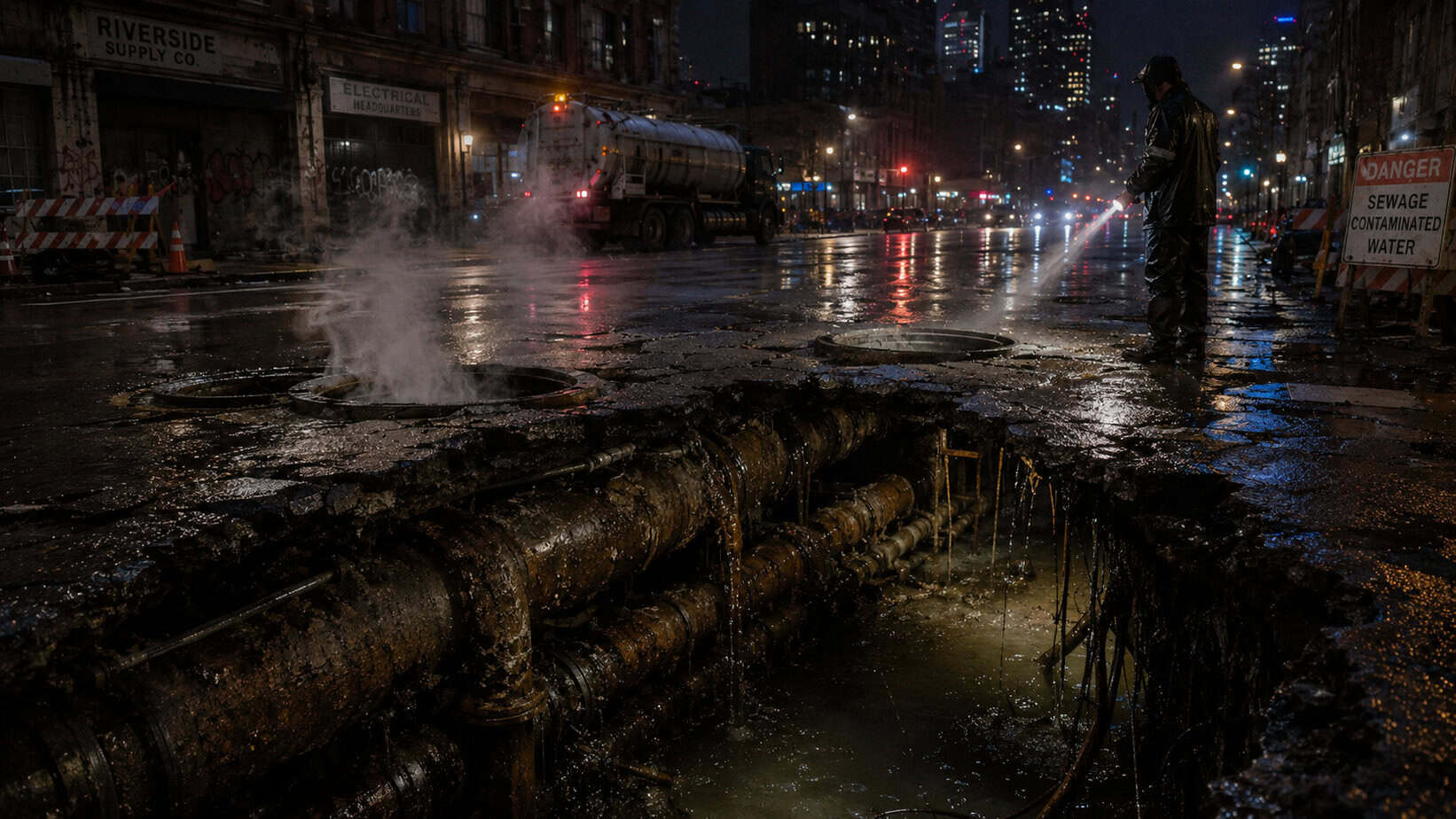 Photorealistic nighttime urban street collapse with exposed sewage pipes, flooded pavement, steam rising from broken manholes, and a worker inspecting the damage with a flashlight