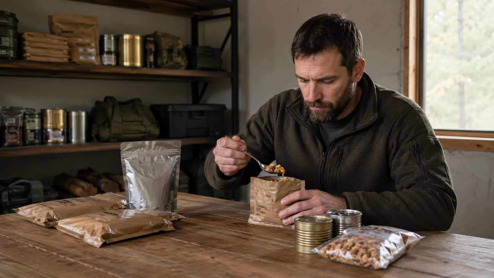 Man eating MRE survival food at a table with canned and stored food supplies
