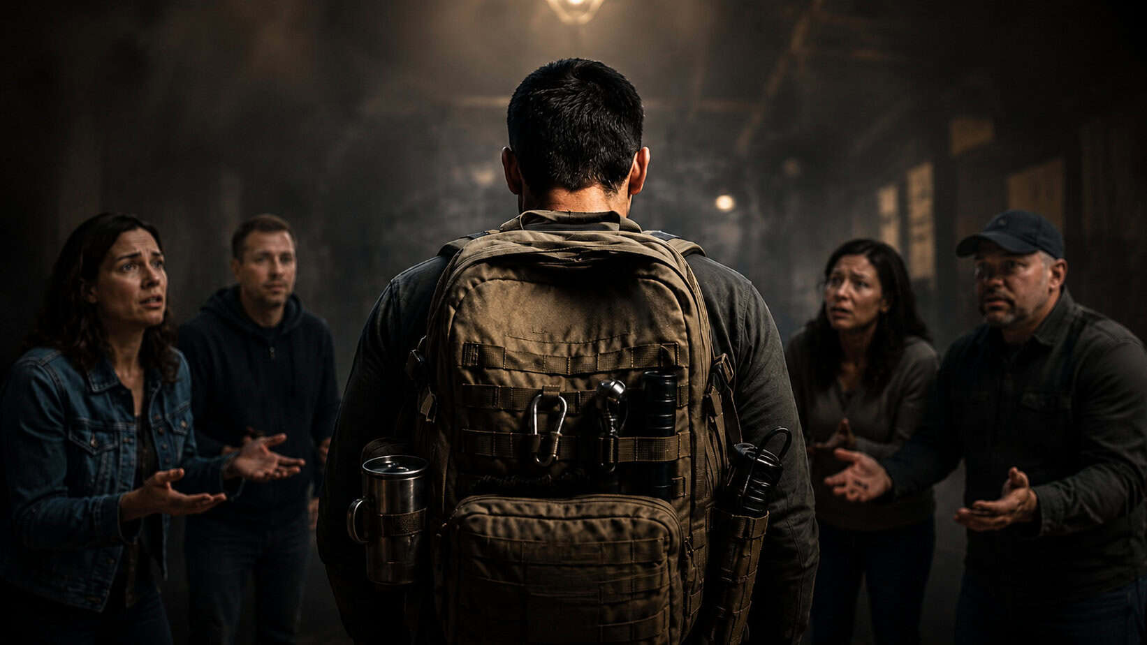 Prepared man with a survival backpack facing worried people who see him as a resource during a crisis.