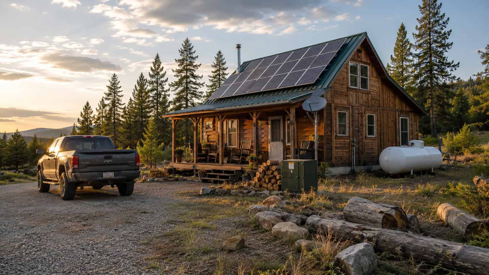 Off-grid homestead with solar panels, propane tank, pickup truck, and satellite dish showing the hidden dependencies behind the off grid self sufficiency myth.