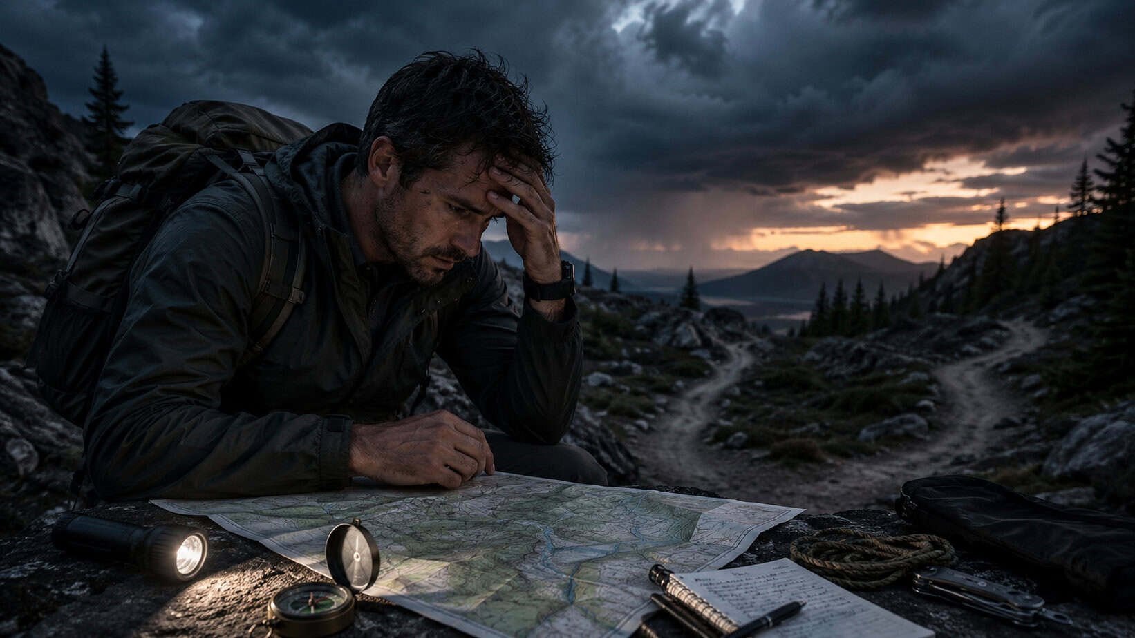 A stressed hiker studies a map in stormy wilderness, showing survival decision making under stress and cognitive overload.
