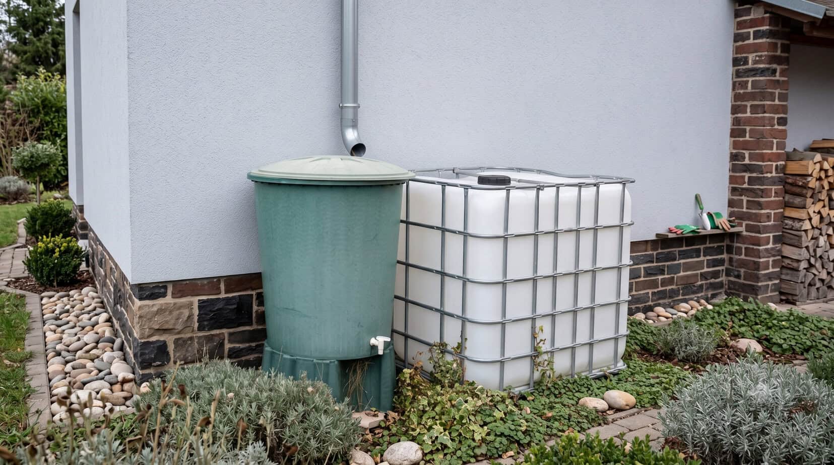 Green rain barrel and white IBC water tank connected to a downspout, illustrating the gray zone of rainwater collection in drought states
