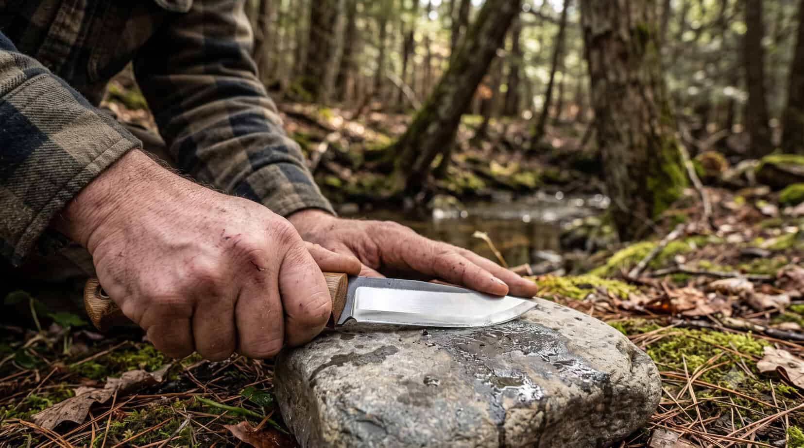 A close-up of a survivalist's hand sharpening a Scandi-grind bushcraft knife flat against a natural river rock in a forest setting.