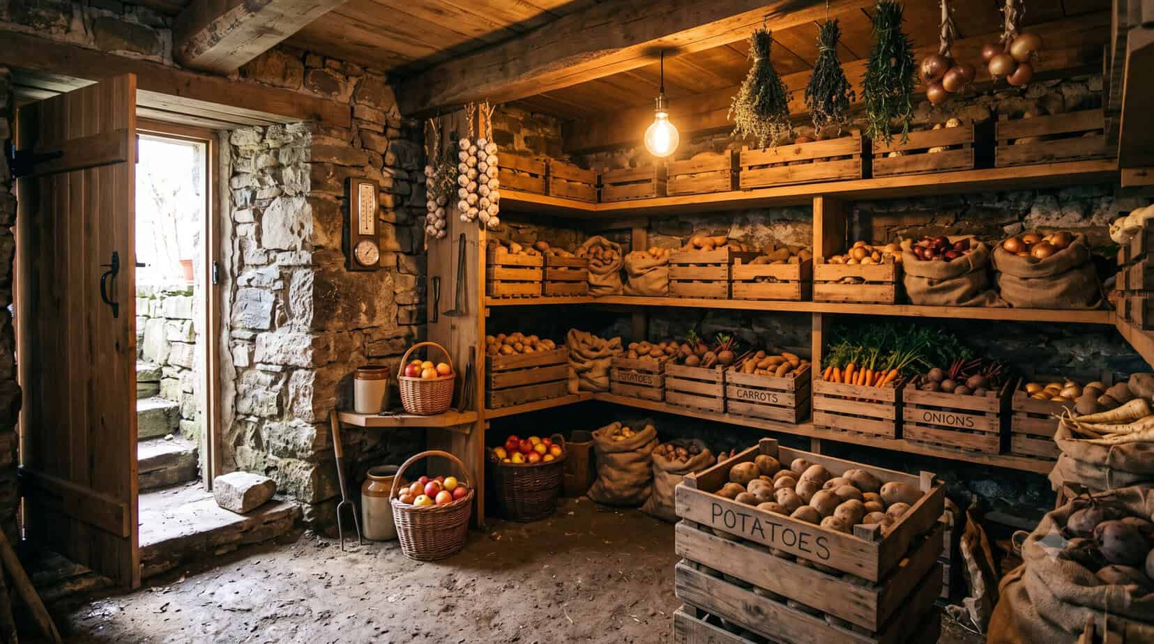 Traditional root cellar meeting ideal temperature and humidity requirements, with crates of potatoes, carrots, onions, and beets on wooden shelves