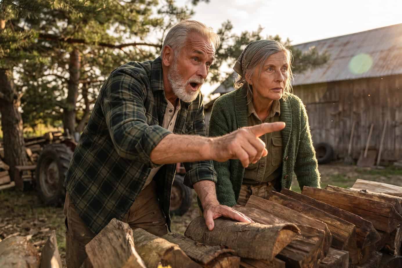 Rural prepper couple pointing toward a vehicle on their property while stacking firewood near a barn and tractor