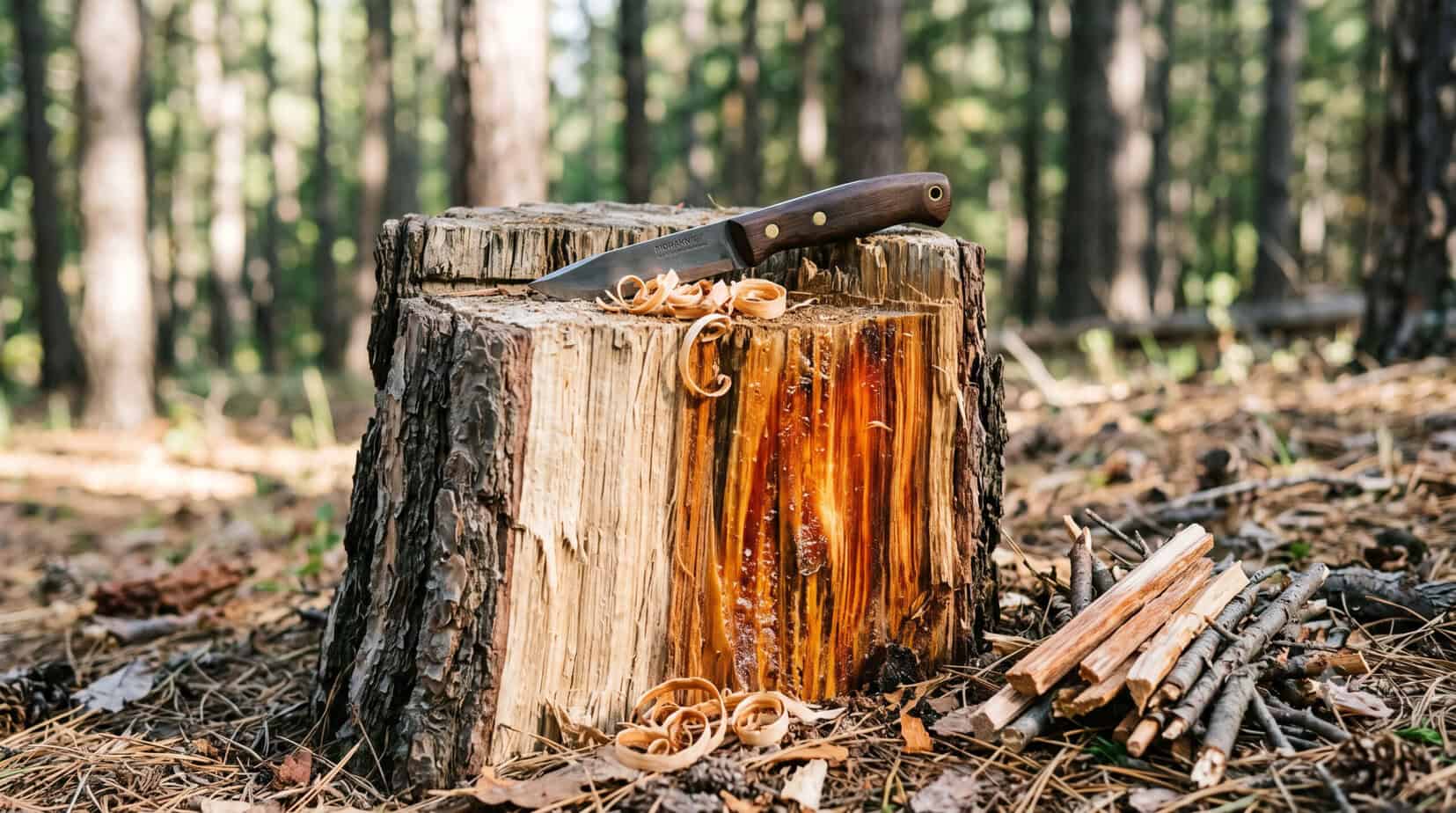 Split pine stump showing the fatwood myth in action, with pale low-resin wood on one side and true amber fatwood on the other next to a knife and kindling