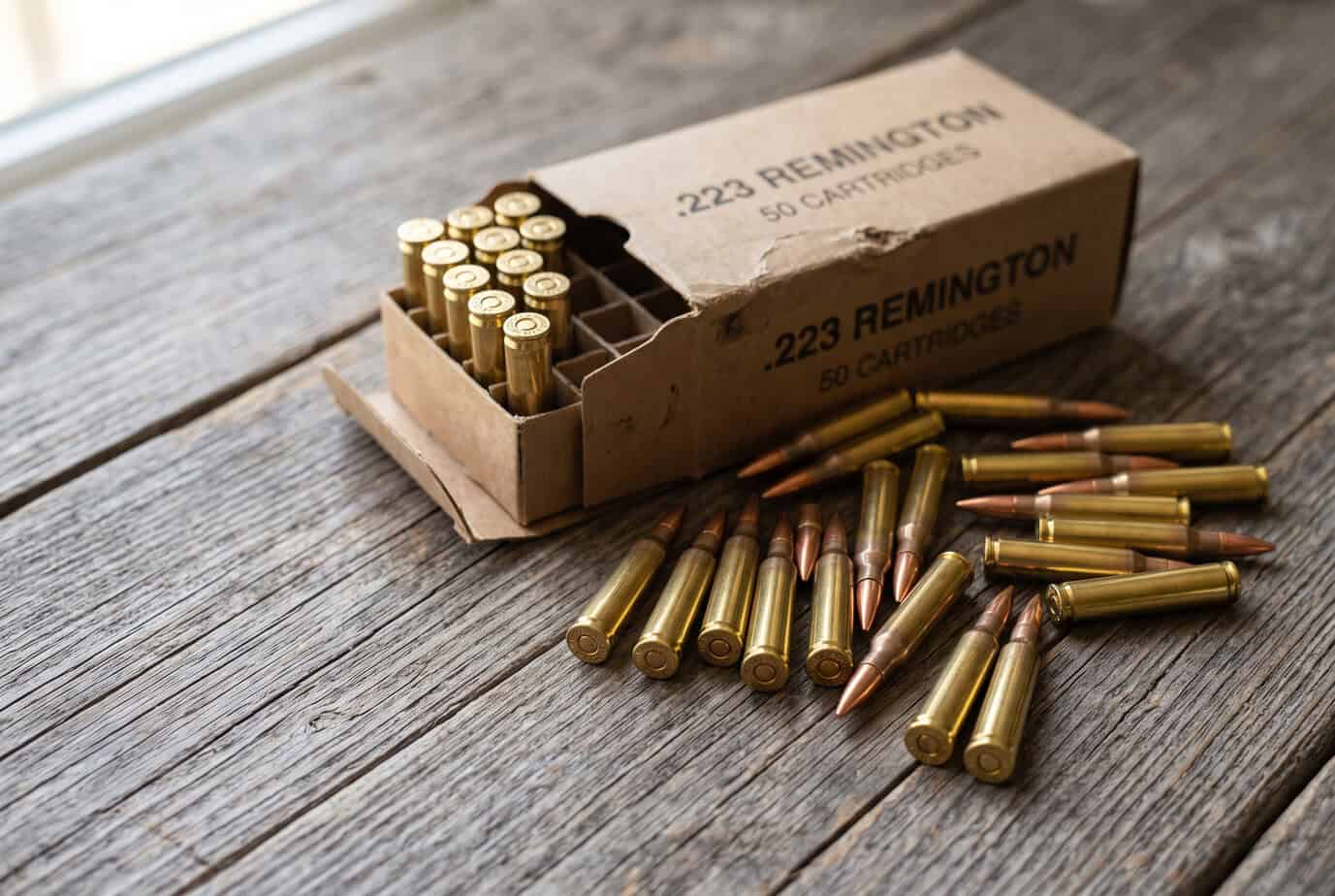 Open box of .223 Remington ammunition with 50 cartridges and loose brass-cased FMJ rounds on weathered wood