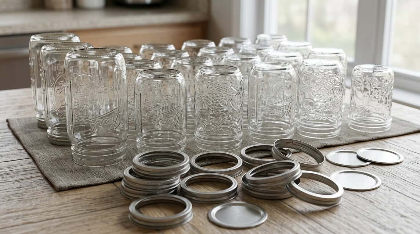 Empty glass mason jars with lids and bands on a wooden table, showing why canning jars are getting harder to find