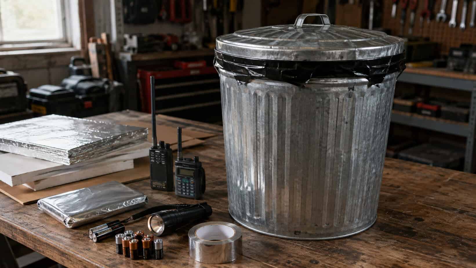 Homemade galvanized trash can Faraday cage sealed with tape beside radios and emergency electronics on a garage workbench