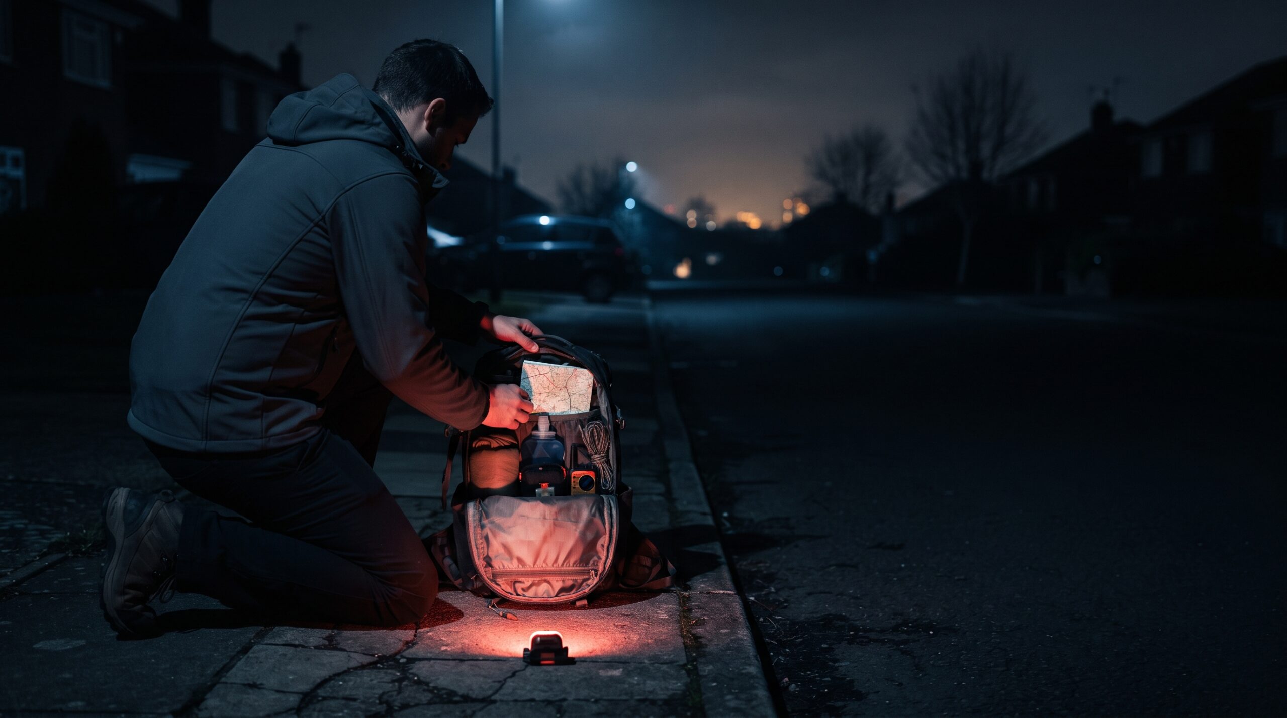 Man kneeling on a dark sidewalk checking a seasonal get home bag by red headlamp light to preserve his night vision.