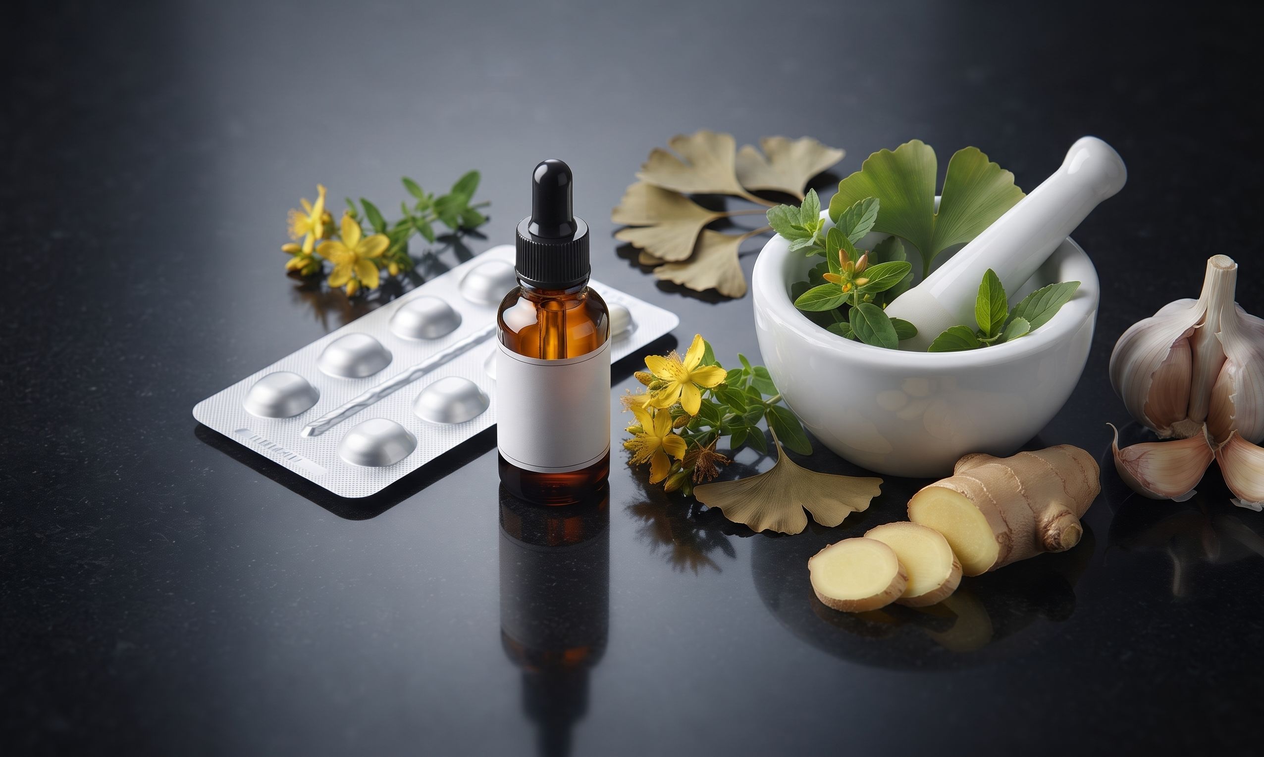 Herbs that interact with medications including St. John's wort, ginkgo, garlic and ginger beside a blister pack of pills