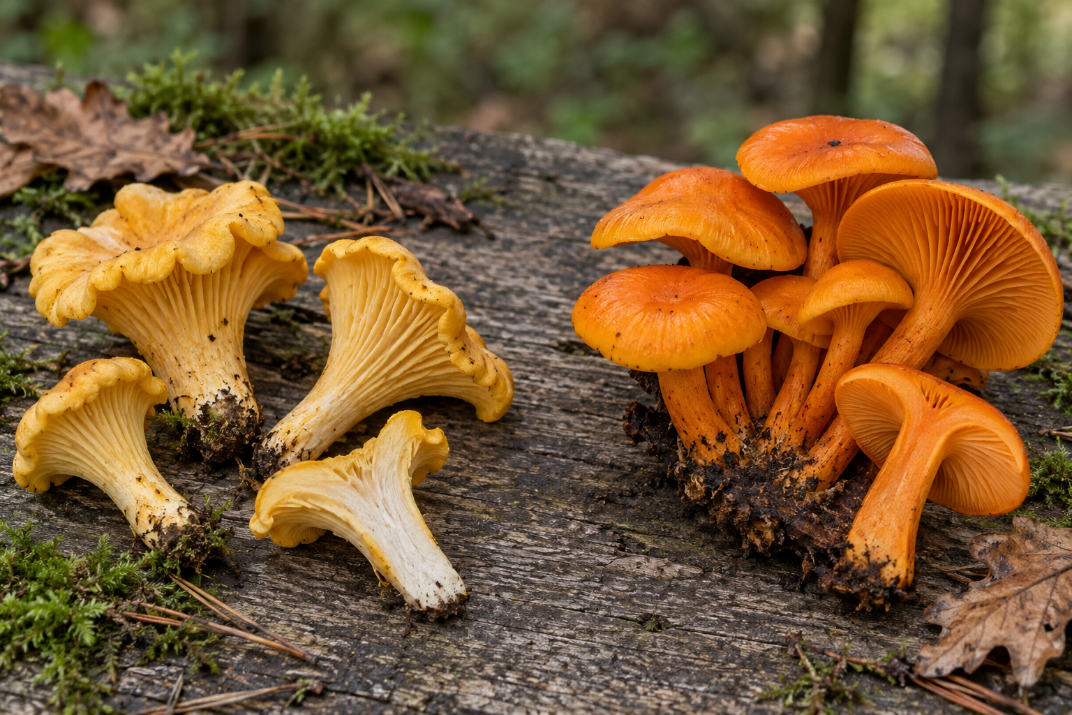 Regional toxic twins: edible chanterelle mushrooms beside a poisonous jack o'lantern cluster on weathered wood