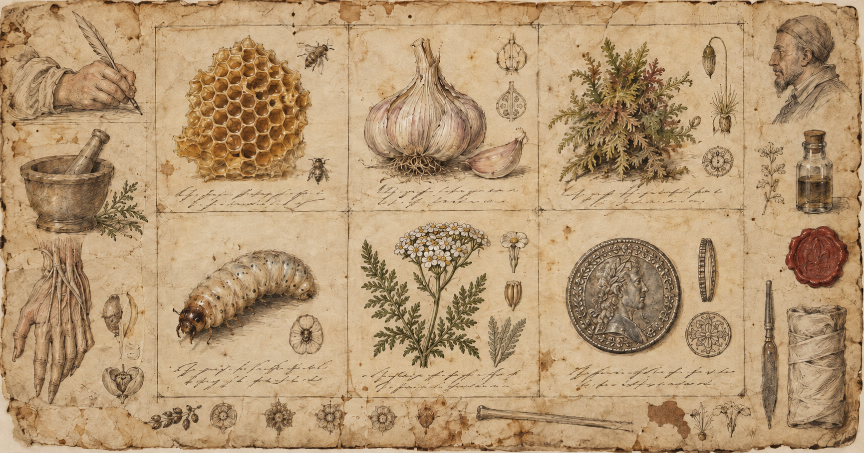 Illustrated apothecary plate showing honeycomb, garlic, sphagnum moss, a blowfly larva, yarrow and a silver coin, remedies used in wound care before antibiotics